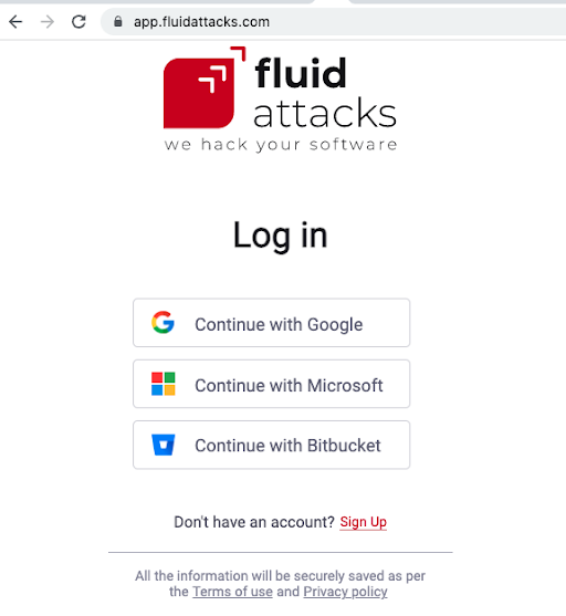 Fluid Attacks platform login screen